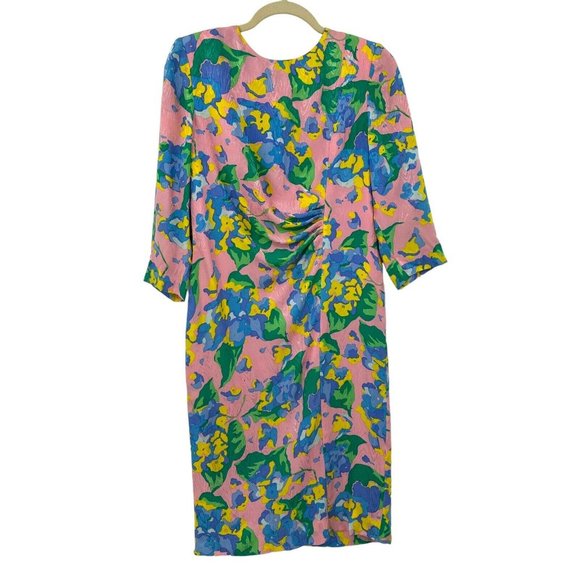 Vintage Mary McFadden Collection Pastel Floral Silk Dress Embossed Shoulder Pads - Picture 1 of 13